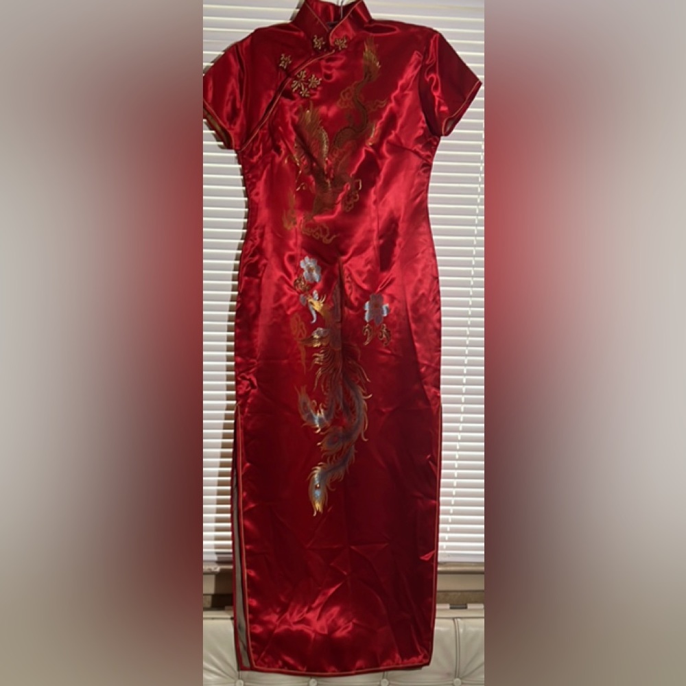 Yan’s Collection Red and Gold Phoenix and Falcon Chinese Dress.  Like new.